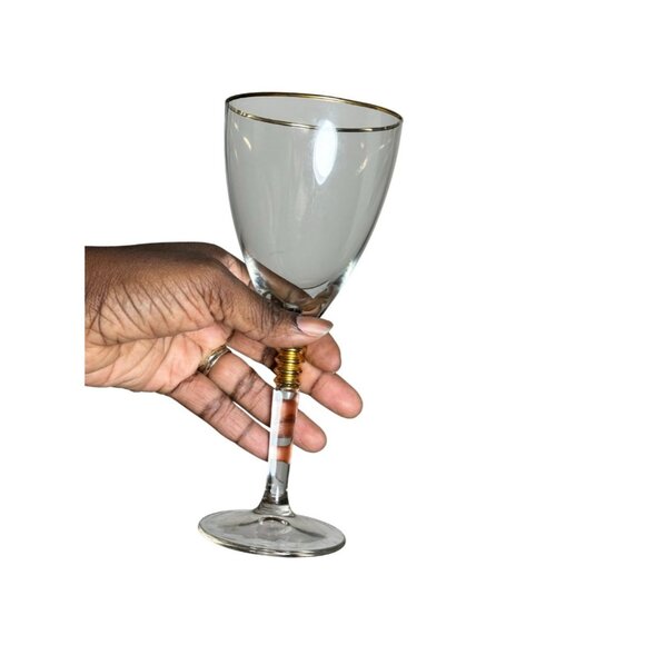 Vintage Gold Rim Wine Glasses Set of 2 | Elegant Mid Century Clear Glass Goblets - Picture 4 of 5